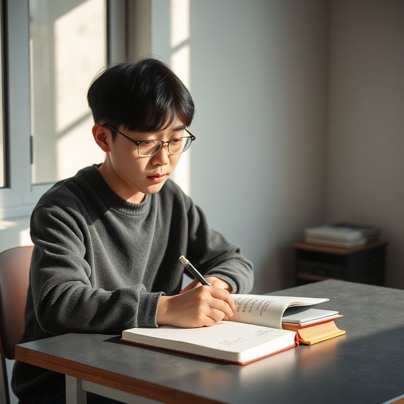 슬레이트 톤의 책상에서 노트를 쓰는 학습자